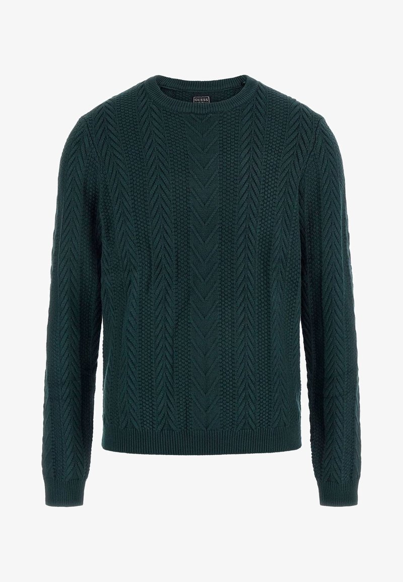 Dunkelgrüner gestrickter Pullover mit strukturierten Mustern, klassischem Rundhalsausschnitt, gerippten Bündchen und Saum. Hergestellt aus einem warmen, weichen Material.