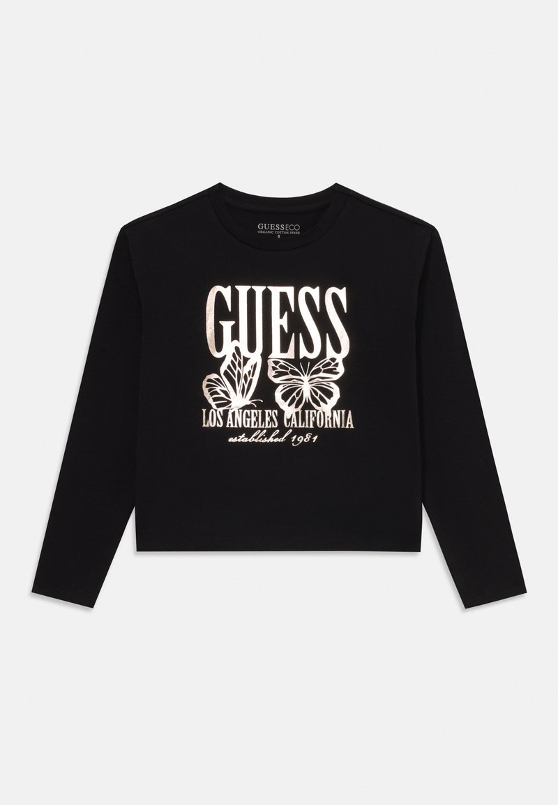 Black long-sleeve crop top made of organic cotton, featuring white graphic text and butterfly designs, with a crew neckline.