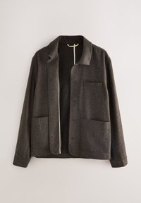 Dark brown wool jacket with notched collar, open front, and three patch pockets on light background.