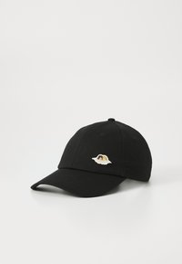 Black baseball cap with an embroidered design on the front, featuring a yellow and white graphic. Fabric is sturdy with a curved brim.