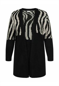 Zwart en crème cardigan met een zebra print op de bovenste helft, open voorkant ontwerp, lange mouwen en een gebreide textuur.