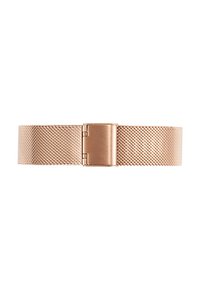 Correa de reloj de malla en oro rosa, que presenta un cierre rectangular liso, una textura finamente tejida y un diseño elegante y minimalista.