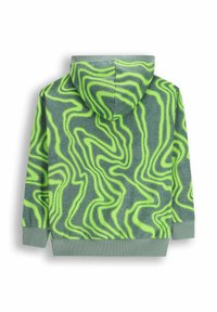 Zielona sweatshirt z kapturem, z falistym, neonowo zielonym wzorem na teksturowanym tle. Żebrowane mankiety i dolny brzeg.