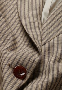Beige and brown striped fabric with a smooth texture, featuring a large, dark brown button and a subtle sheen from the inner lining.
