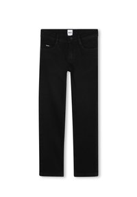 Jeans in denim nero con taglio dritto, dotati di chiusura con bottone frontale, passanti per cintura e dettagli di cucitura discreti. Etichetta del marchio in vita.