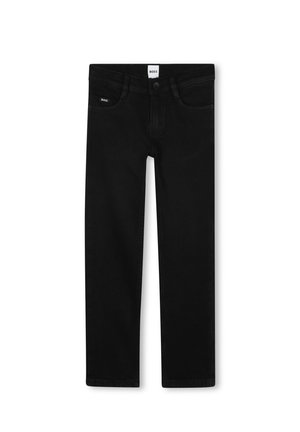 Jeans in denim nero con taglio dritto, dotati di chiusura con bottone frontale, passanti per cintura e dettagli di cucitura discreti. Etichetta del marchio in vita.