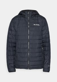 Czarna puchowa kurtka z kapturem, z pikowanym wzorem, z przodu na zamek błyskawiczny oraz logo Columbia na górnej lewej stronie. Regulowany ściągacz przy kapturze.