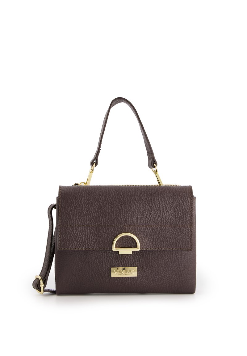 Dark brown leather handbag with a textured finish, featuring a gold-tone hardware accent and a rounded flap closure. Removable shoulder strap included.