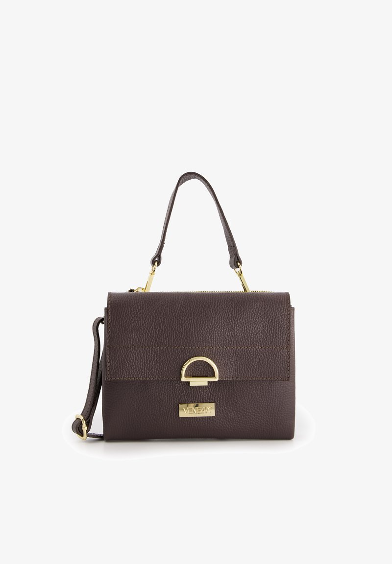 Dark brown leather handbag with a textured finish, featuring a gold-tone hardware accent and a rounded flap closure. Removable shoulder strap included.