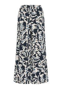 Floral wide-leg trousers featuring a cream background with navy and light blue patterns, elastic waistband, and a loose, flowing shape.