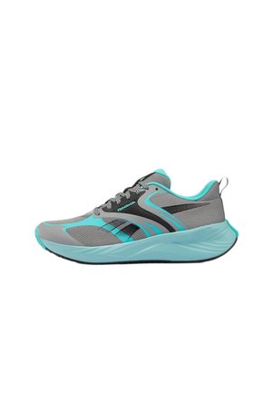 Grauer und türkisfarbener Reebok-Laufschuh mit schwarzen Akzenten und dicker, gepolsterter Sohle, seitlich auf weißem Hintergrund gezeigt.