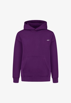 Purple hoodie, made of soft fabric, features a large front pocket, ribbed cuffs, and hem, with a small logo on the chest.