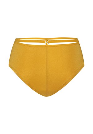 Gelber hoch taillierter Bikini-Höschen mit einer glatten, strukturierten Oberfläche, das über doppelte Träger auf der Rückseite und einen kleinen Metallring-Akzent verfügt.