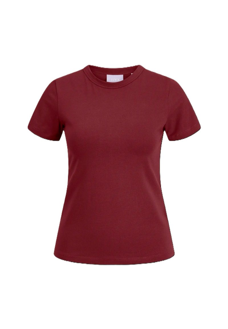 T-shirt bordeaux a maniche corte realizzato in morbido cotone, con scollatura rotonda e silhouette aderente. Senza schemi o loghi visibili.