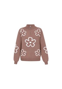Pulover maro cu guler înalt și fermoar pe jumătate. Prezintă modele de flori albe, pufoase, pe partea din față. Textură moale din tricot.