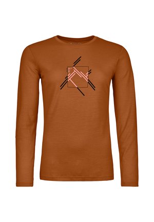 Langärmliges T-Shirt in verbranntem Orange, aus weichem Stoff gefertigt. Mit einem geometrischen Druck in Schwarz und Pink in der Mitte sowie einem runden Halsausschnitt.