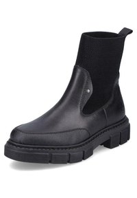 Melni potītes zābaki, izgatavoti no ādas un sieta, ar izturīgu zoli, elastīgu neoprēna augšpusi un dekoratīvu izšuvumu.