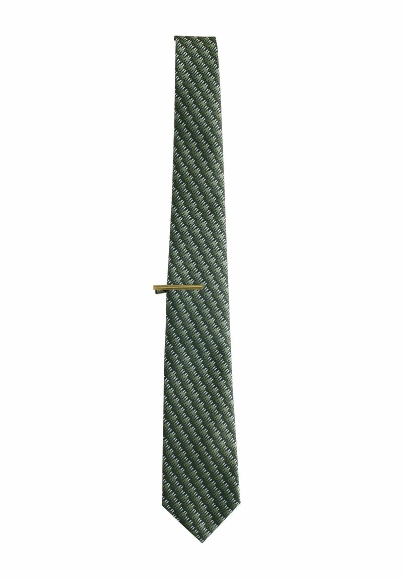 Green tie with a diagonal pattern, featuring lighter green accents. Made of fabric with a smooth texture. Includes a gold tie bar.