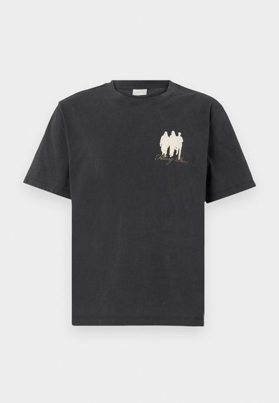 Black cotton t-shirt with short sleeves, featuring a small white graphic of three figures and the text "Falling Roses" on the left side.
