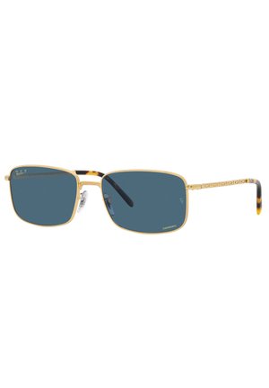 Occhiali da sole rettangolari con montatura in metallo dorato, lenti azzurrate e accenti in tartaruga sulle aste. Design resistente con naselli in gomma.