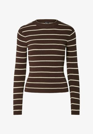 Pull en ribbed marron avec des rayures horizontales blanches. Présente un col rond et des manches longues. Texture douce avec une silhouette ajustée.