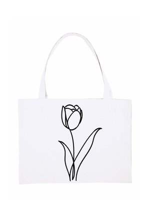 Borsa tote bianca con due manici e un semplice disegno a linea nera di un fiore di tulipano con stelo e foglie.