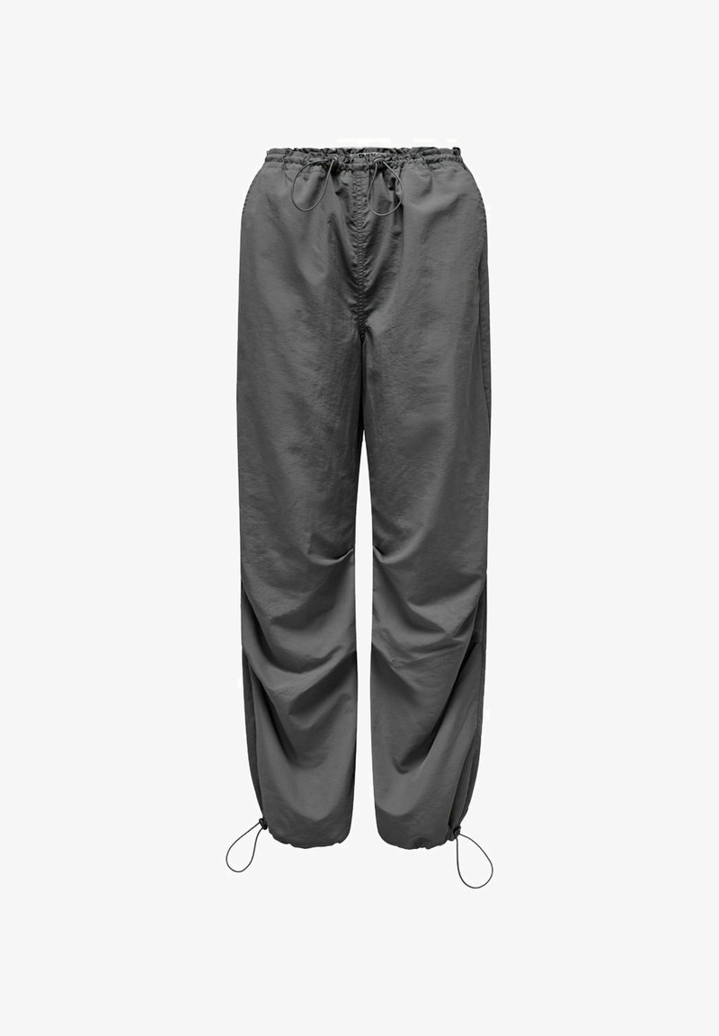Pantalon gris à coupe ample avec taille élastique et cordons réglables à la taille et aux chevilles, conçu pour un usage décontracté.