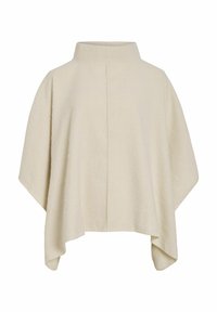 Cremefarvet poncho lavet af blødt tekstureret stof. Har en høj krave og et løst, flydende design med en asymmetrisk kant.