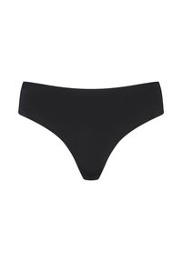 Svart bikiniunderdel i ett mjukt, stretchigt tyg; har ett låg midjeband och minimal täckning bak, utan synliga mönster.