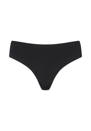 Slip da bagno neri realizzati in un tessuto liscio ed elastico; presentano una vita bassa e una copertura minima sul retro, senza motivi visibili.