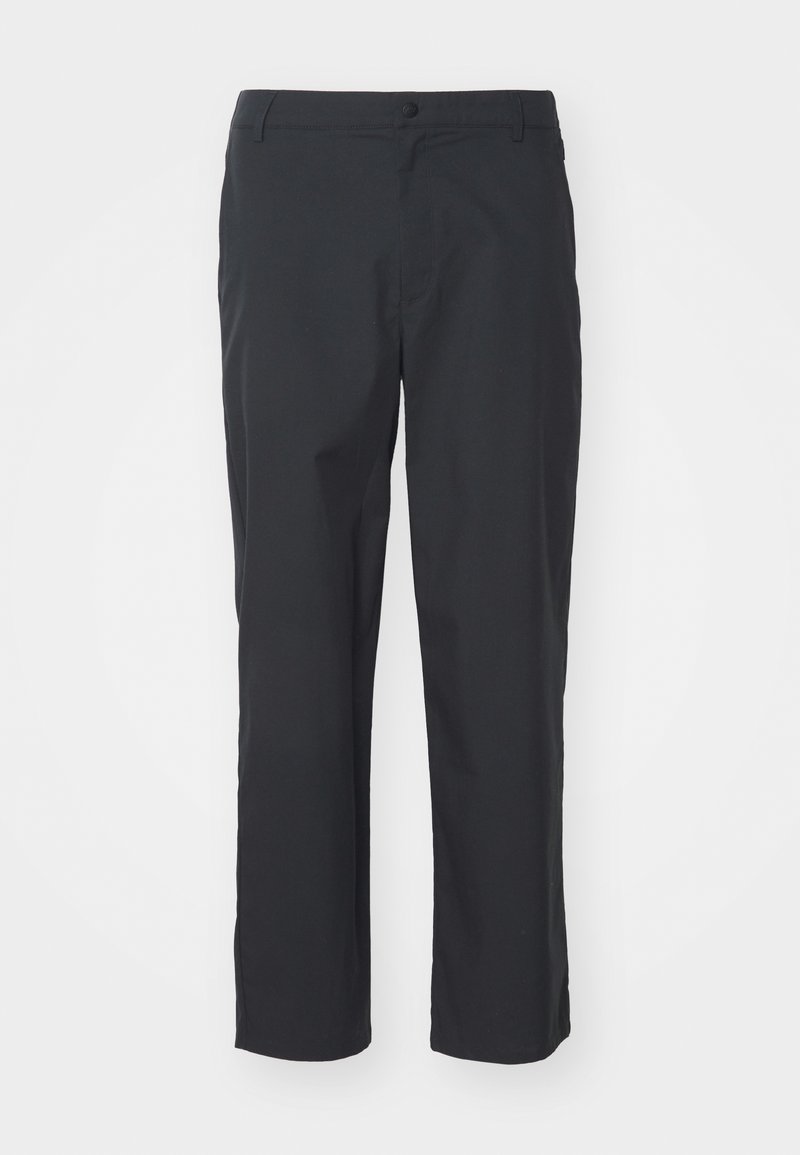 Schwarze Hose aus glattem Stoff mit geradem Beinschnitt, ausgestattet mit einem Frontknopfverschluss und seitlichen Taschen.