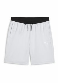 Shorts deportivos gris claro con una cinturilla negra, cordón ajustable y bolsillos laterales. Presenta un logo blanco en la pierna izquierda.