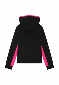 Black hoodie featuring long sleeves with bright pink side panels and a matching hood interior. Smooth texture with a sporty design.