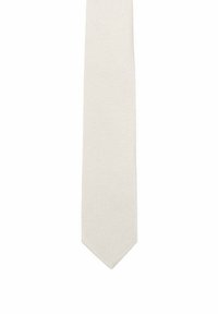 Light-colored tie made of textured fabric, featuring a narrow shape and pointed tip. No patterns or accents are visible.