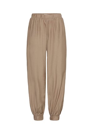 Svetlo rjave ohlapne hlače z elastičnim pasom in zbranimi elastičnimi manšetami na belem ozadju.