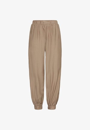 Lysebrune bukser med afslappet pasform, elastisk talje og indsamlede elastiske manchetter på hvid baggrund.