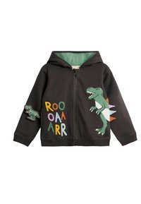 Felpa con cappuccio grigio scuro con design di dinosauri, lettere colorate che formano la scritta "ROOAAARR," e una toppa in tessuto verde a forma di dinosauro sulla manica.