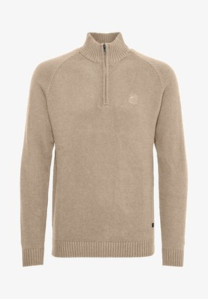 Beige Strickpullover mit einem Halb-Reißverschluss-Kragen, gerippten Bündchen und Saum, aus strukturiertem Material und mit einem kleinen Logo auf der Brust.