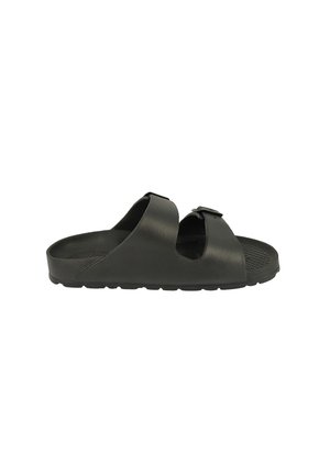 Schwarze Slip-On-Sandale mit zwei breiten verstellbaren Riemen und strukturierter Fußbett, entworfen für den Freizeitgebrauch.