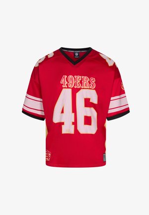 Red NFL jersey featuring "49ERS" and number "46" in gold. Short sleeves with white mesh accents, black neckline, and a relaxed fit.
