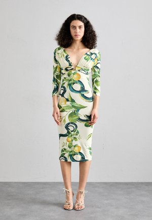 Strak aansluitend jurkje in crème met een bloemenprint, featuring groene bladeren en citroenen, diepe V-halslijn en driekwartmouwen. Accentueert met een sleutelgatdetail.