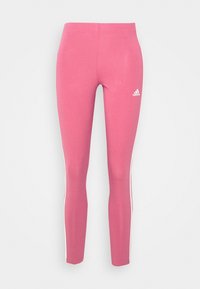 Pink legging featuring a fitted design, made of soft material, with white accent stripes on the sides and a small logo near the waistband.