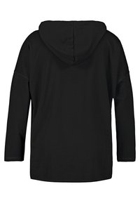 Sweat à capuche noir à coupe décontractée, avec une capuche, des manches longues et un ourlet droit. Confectionné dans un tissu doux, sans motifs ni accents visibles.