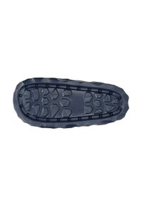 Rubber shoe sole in dark blue with a textured surface featuring raised hexagonal and triangular patterns for grip. Rounded edges.