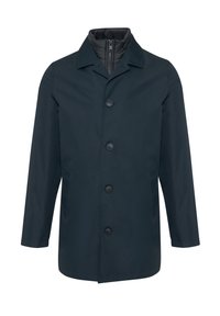 Marineblå frakke lavet af glat, vandafvisende stof; knaplukning foran; spidse krave; to sidelommer; ren, minimalistisk design.