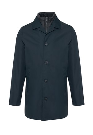Marineblauwe jas van glad, waterafstotend materiaal; knoopsluiting aan de voorkant; puntige kraag; twee zijzakken; strak, minimalistisch ontwerp.