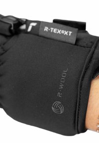 Zwarte handschoenen van R-TEX-stof, met een gladde textuur, verstelbare manchetten en een bedrukte R-WOOL-logo op de achterkant.