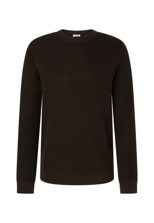 Dunkelbrauner, langärmliger Strickpullover mit rundem Ausschnitt sowie gerippten Bündchen und Saum, dargestellt vor einem weißen Hintergrund.