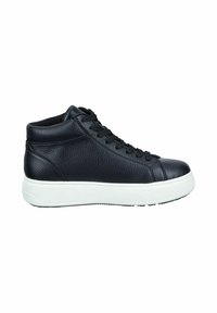 Baskets montantes en cuir noir avec une surface texturée, un laçage �à l'avant et une semelle en caoutchouc blanc. Présente un bout rond et des coutures latérales discrètes.