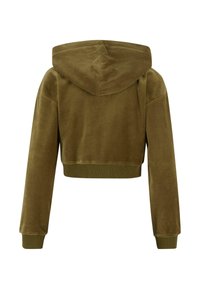 Sweatshirt à capuche vert olive coupé dans un tissu velours doux. Il possède de longues manches et des poignets ainsi qu'un ourlet en côte. La vue arrière met en avant un design sans couture.
